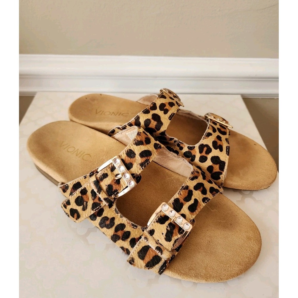 Vionic Women's Czarina 7.5 Slip On Leopard Print Sandals Brown Double Strap